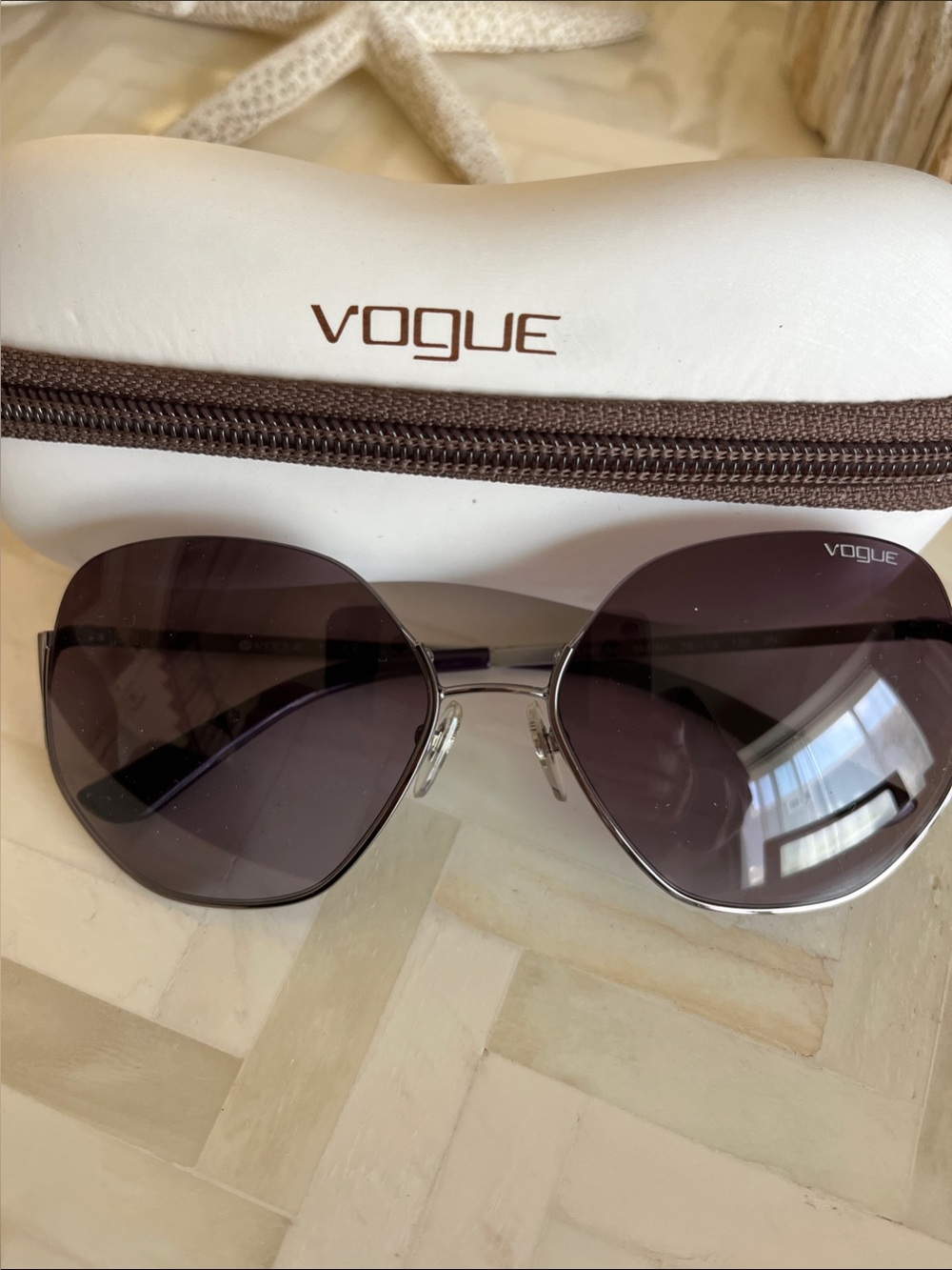 New Women’s Vogue Silver Hexagon Frame Sunglasses with Dark Gray Lenses